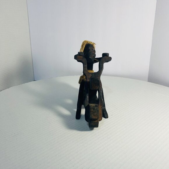 Rare Primitive Java Man on Motorcycle Wooden Carving and Jute Tribal Sculpture - Picture 5 of 17